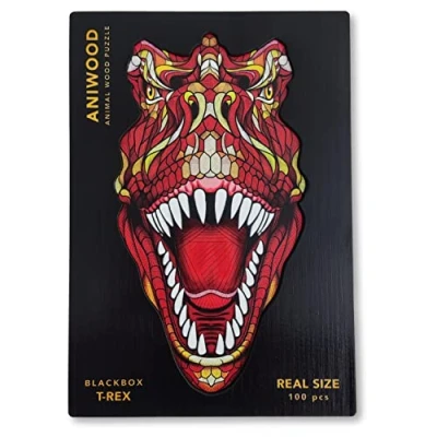 Imagen de ANIWOOD Puzzle de Madera Animales. Tapa troquelada, Caja a tamaño Real del Puzzle. 3 Modos dificultad, Elemento Decorativo. Piezas únicas Originales Animales (Small, T Rex)