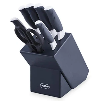 Imagen de Zyliss E920263 Comfort Juego de Cuchillos Cocina 7 Piezas, Acero Inoxidable Japonés, Mango Gris/Blanco, Set con Portacuchillos, Apto Para Lavavajillas