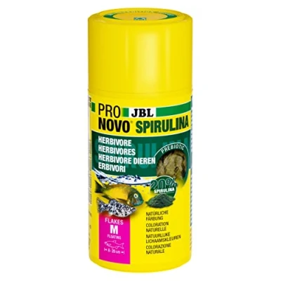 Imagen de JBL PRONOVO SPIRULINA Flakes, pienso Verde para Todos los Peces de Acuario 8 20 cm, Copos Comida Peces, Talla M, 100 ml