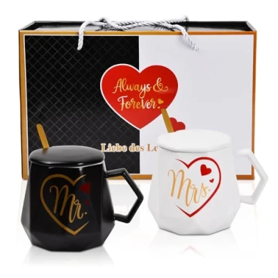 Imagen de Wisebom Tazas de Mr y Mrs Cerámica Juego para Parejas Regalo Pareja Nupcial 2 con Tapa Cuchara Ideal Bodas, San Valentín, Cumpleaños(400ml)