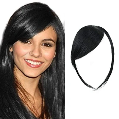 Imagen de Clip In Flequillo Lateral Grueso de Cabello Humano Real Extensiones Flecos Rectos (Flequillo con Templos, Negro Azabache)