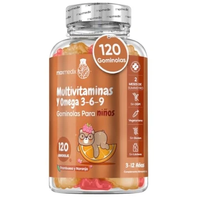 Imagen de Gominolas Multivitaminas y Omega 3 6 9 Para Niños Sabor Frambuesa Naranja 120 Unidades Complejo con 17 Vitaminas Minerales Apoyo Natural Sistema Inmunitario Defensas, 2 Meses