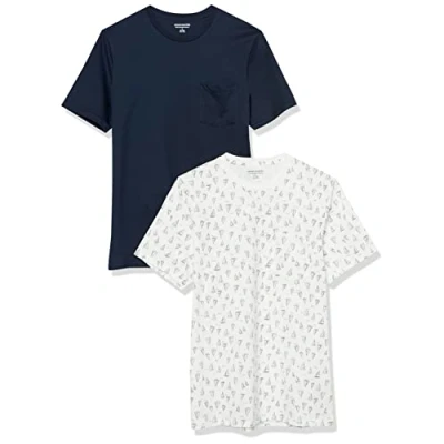 Imagen de Amazon Essentials Camiseta de manga corta con bolsillo, cuello redondo y corte ajustado Hombre, Pack 2, Azul Marino/Estampado Barcos, XS