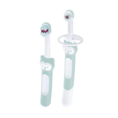 Imagen de MAM Juego de cepillo dientes para bebé con mango largo sostener juntos, infantil entrena el cepillado los dientes, a partir 5 meses, color turquesa