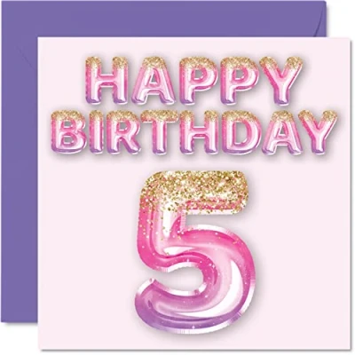 Imagen de Tarjeta de cumpleaños número 5 para niñas, globos purpurina rosa y morada, tarjetas feliz niñas años, hija, hermana, nieta, prima, 145 mm x mm, felicitación