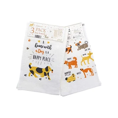 Imagen de Paquete de 3 toallas té, 100% algodón, más 30 diseños para elegir, ideal regalo gran valor esencial cualquier hogar (perro)