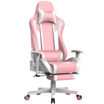 Imagen de GTPLAYER Silla de gamer con reposapiés, altavoz Bluetooth, ergonómica, para ordenador, respaldo ajustable, capacidad carga 150 kg, color rosa