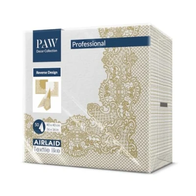 Imagen de PAW Servilletas Papel Airlaid (40 x 40 cm), 50 Piezas, Ideal para Bodas, Bautizos, Comuniones, Cumpleaños, Reverso Encaje Real Oro Blanco