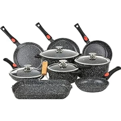 Imagen de Kamberg Batería de Cocina 24 Piezas, aluminio fundido, revestimiento piedra, todo tipo fuentes calor, incluida la inducción, mango extraíble, sin PFOA, negro