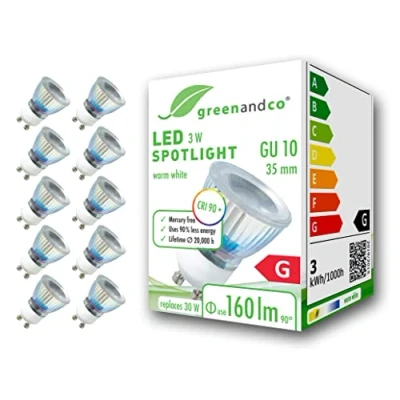Imagen de greenandco 10x Spot LED IRC 90+ GU10 35mm 3W (corresponde a 30W) 160lm 3000K (blanco cálido) 50 230V AC, sin parpadeo, no regulable