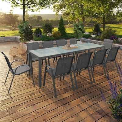 Imagen de Conjunto de muebles jardín MADRID mesa 240 CM y 10 sillas apilables gris antracita tablero claro