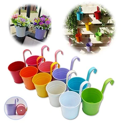 Imagen de GIOVARA Maceta de Metal Colgante Florero con Soporte Extraíble para Balcón Jardín Patio Cubo Macetero Plantador Orificio Drenaje (10 macetas Surtido 10 Colores)