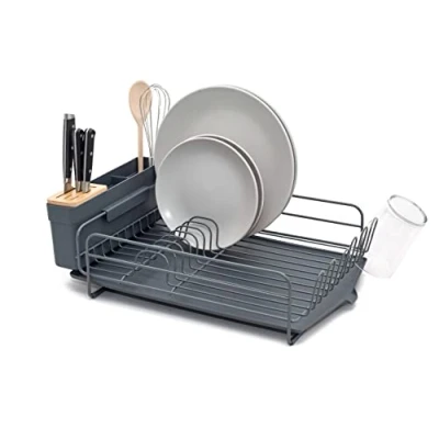 Imagen de simplywire Escurreplatos prémium Bandeja de Secado Platos con Soporte para Cubiertos y Goteo Gris