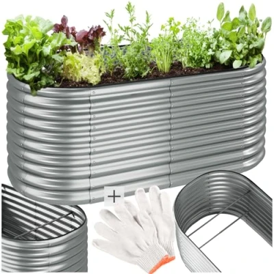 Imagen de TecTake® arriate Rectangular sin Base, Acero Resistente a la Intemperie, huerto Urbano, jardineras Exterior, Usar con Tierra para Plantas, Incluye Guantes 100 x 200 80 cm Plateado Redondeado