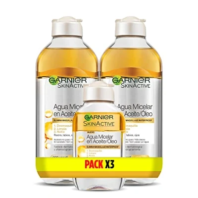 Imagen de Garnier Skin Active Agua Micelar en Aceite, Elimina el Maquillaje de Larga Duración y Waterproof, Desmaquilla, Limpia Nutre Labios, Ojos Rostro, Pack 2x400ml +1 x100ml