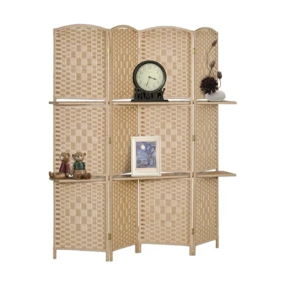 Imagen de HOMCOM Biombo Separador de Ambientes 4 Paneles 160x170 cm con 2 Estantes Exhibición Pantalla Privacidad Plegable Divisor para Oficina Dormitorio Natural