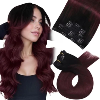 Imagen de Moresoo Extensiones de Clip Cabello Humano Ombre Negro Natural a Rojo Vino Remy Extensión del Pelo 7pcs 120G 18Pulgadas Liso