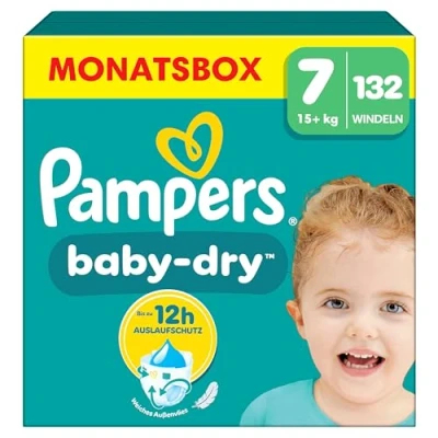 Imagen de Pampers Pañales tamaño 7 (15 kg+) Baby Dry, extra grande, caja de meses, hasta 12 horas protección contra fugas, 132 unidades (1 unidad)