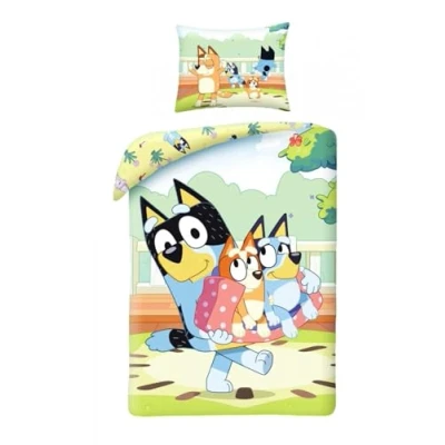 Imagen de Juego de Cama Bluey 100% algodón, Verde, Funda nórdica Reversible 140 x 200 cm + Almohada, con Bluey, Bingo y Bandit