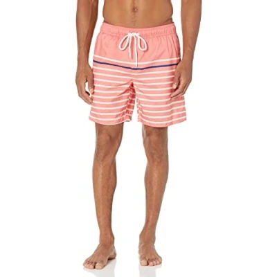 Imagen de Amazon Essentials Bañador de Secado Rápido 18 Cm colores interrumpidos Hombre, Azul Rosa Coral Franja Central, M