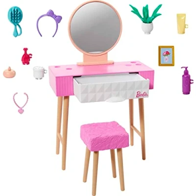Imagen de Barbie Juego de Muebles y Accesorios, decoración casa muñecas, más 10 Piezas para tocador, Incluyendo Soporte con Espejo, Taburete, Productos Belleza