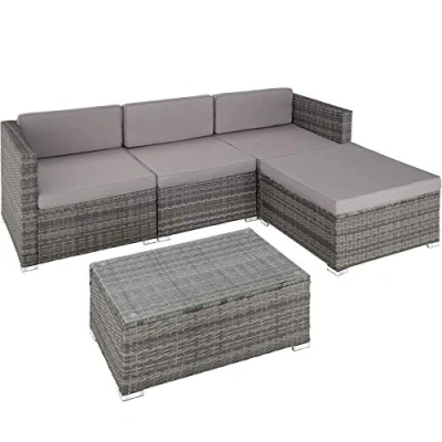 Imagen de TecTake® Conjunto Jardín de Ratán con Cojines Grosor 8 cm, Muebles Exterior 3 Sillones, 1 Mesa Cristal, Taburete, Terraza Resistente a la Intemperie, Bastidor en Acero Gris