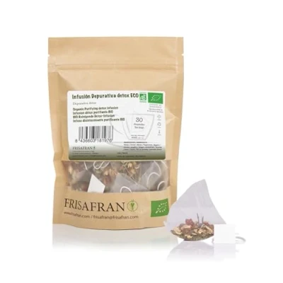 Imagen de FRISAFRAN Infusión depurativa Purificante Detox Ecológica en pirámides 30Ud 60g Digestiva Anti inflamacion Té drenante con efecto diuretico Propiedades Antioxidante Natural