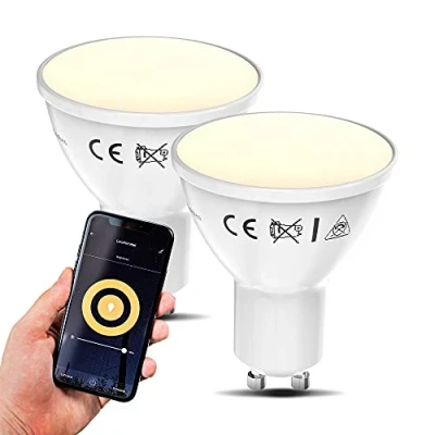 Imagen de B.K.Licht I Juego de 2 LED GU10 Wi Fi Lamp 5.5 Watt 350 Lumen 2.700K Blanco cálido Regulable Aplicación Control voz iOS y Android Bombilla inteligente