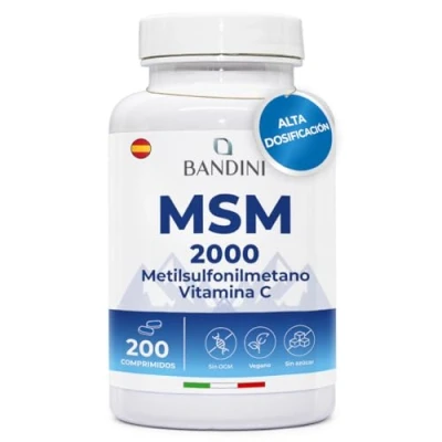 Imagen de Bandini® MSM 2000 mg + Vitamina C Natural comprimidos veganos Metilsulfonilmetano alta dosificación Para Huesos, Articulaciones, Piel, Cabello y Uñas (200 unidades (paquete de 1))