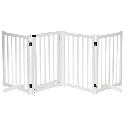 Imagen de PawHut Barrera para Perros Plegable Valla Pequeños y Medianos de 4 Paneles con Puerta Seguridad Madera Escaleras Pasillos 237,5x36x80 cm Blanco