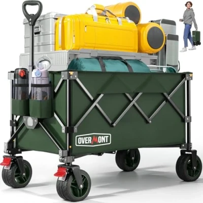 Imagen de Overmont Carro Playa plegable con Ruedas Carrito de Jardín Todo 150L 150 kg Terreno Desmontables Grandes transporte Portavasos per Camping Compras Deportes Verde