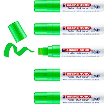 Imagen de edding 4090 marcador de tiza verde claro 5 rotuladores punta biselada 4 15 mm para cristal borrables pizarras, vidrio y espejos líquida cobertura opaca