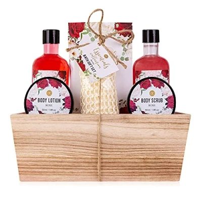 Imagen de Accentra set de ducha regalo para mujer ROSA en una cesta madera cuidado 6 partes con gel ducha, baño burbujas, sales baño, loción corporal y más bienestar