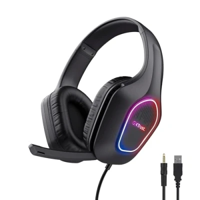 Imagen de Trust Gaming GXT 419 Rayne Cascos Ligeros para PC/Consola, Iluminación LED Alimentada por USB, Drivers de 50 mm, Conexión 3.5 Micrófono Plegable, Auriculares con Cable Over Ear, Negro