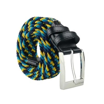Imagen de Biagiotti Cinturón elástico trenzado, hombre y mujer, con inserciones de piel auténtica caja regalo, Amarillo Azul Claro, 115 (taglia 48 52)