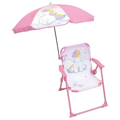 Imagen de Fun House Licorne Chaise PLIANTE Camping Avec Dimensions : H.38.5 XL.38.5 x P.37.5 cm + Parasol Ø 65 POUR Enfant Unicornio Silla Plegable (38, 5 38, 37,5 sombrilla niños), Acero aleado, Rosa