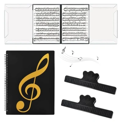 Imagen de Carpeta Musical, Formato A4, De Partituras Musicales, Negra Con Fundas Plastico A4 Partituras, Música Plegable, 40 Bolsillos, Hojas Musicale, 2 Clips