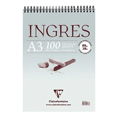 Imagen de Clairefontaine 96478C Ingres Pastel Espiral Bloc 100 Hojas Laid Ivory Paper A3 29,7 x 42 cm 80g Ideal para dibujar a lápiz, tiza roja o carboncillo
