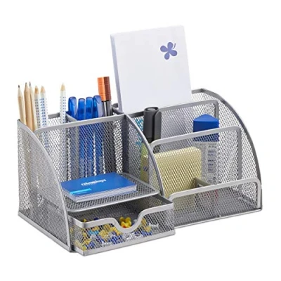 Imagen de Relaxdays Organizador de Escritorio Malla con 6 Compartimentos, Metal, Plateado, 12.5 x 27.5 14 cm