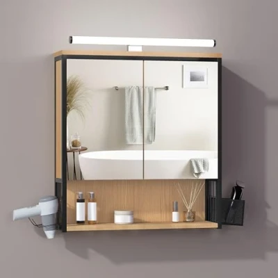 Imagen de EUGAD Armario Baño con Espejo y Luz LED, Colgante Iluminacion, Mueble Espejo, 3 Compartimientos de Almacenaje, Estante Interior Ajustable, Negro+Roble Claro, 56x14,5x60 cm