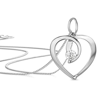 Imagen de Orovi Colgante Corazón de Oro Blanco con Circonita Cúbica talla brillante, 9KT 375 auténtico, suministrado Cadena Plata Ley 925, Pulido. Cm.45.