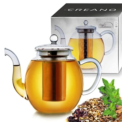 Imagen de Creano tetera con colador de vidrio, vidrio 3 piezas acero inoxidable integrado y tapa ideal para preparar tés sueltos, sin goteo, todo en uno Transparente 1 L