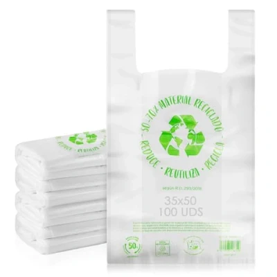 Imagen de MARCPRINT Bolsas plastico. con Asas Tipo Camiseta. Bolsa Porta Alimentos. Pack de Plastico, Resistentes y Reutilizables. Material Reciclado 50 70%. Galga 200. (35X50 100 uds)