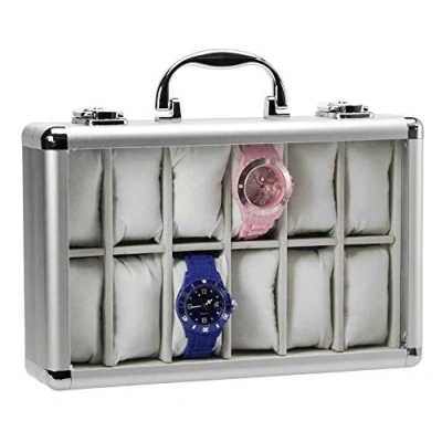 Imagen de SAFE 265 caja de aluminio para guardar 12 relojes joyero terciopelo gris claro (vacío) reloj con cierre, tapa cristal y cojín extraíble