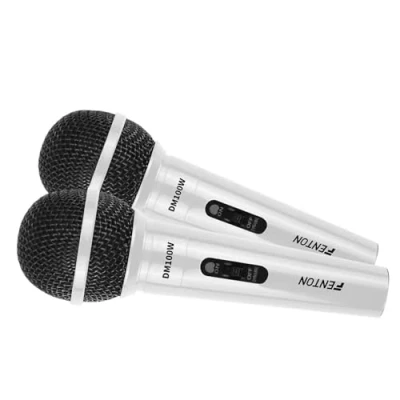 Imagen de Fenton DM100W Set de 2 micrófonos Blancos con Cable Desmontable 3 m y Conector Jack 6,3 mm, Ideal para Karaoke, Fiestas, vocalistas DJ Principiantes