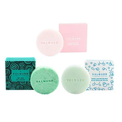 Imagen de Valquer Laboratorios Pack Cosméticos Sólidos, Champú Cabello Seco + Agua Micelar Pieles Secas Gel Corporal, Vegano, Sin Plásticos 50Gr x 3 uds