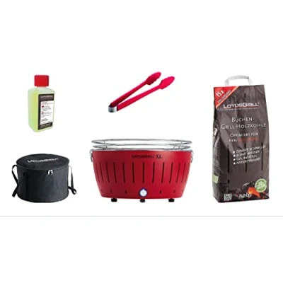 Imagen de LotusGrill para juego de inicio 1x XL Rojo fuego Carbón madera haya 1kg,1x Pasta quemar 200ml,1x Pinzas salchicha Naranja,1x bolsa transporte