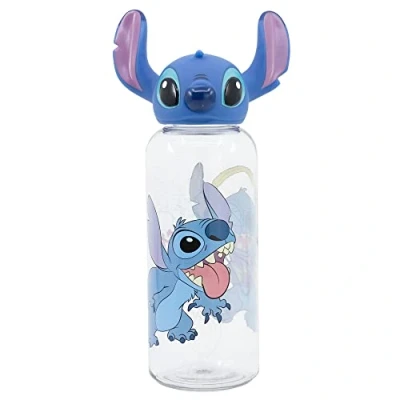 Imagen de Botella de agua reutilizable para niños y niñas plástico con diseño infantil tapón figurita 3D capacidad 560 ml Stitch