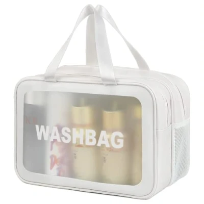 Imagen de SZDPC Neceser Grande para Hombre y Mujer, Bolsa de Aseo Viaje con asa, Ducha translúcida Mate, Blanco XL