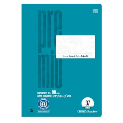 Imagen de Staufen premio Cuaderno escolar, 4 cuadernos de 16 hojas, DIN A4, línea 37 (9 mm a rayas, borde perforado), papel reciclado 90 g/m², esquinas redondas para evitar orejas burro